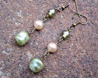 Eco-Friendly Dangle Earrings - Ethereal - Trios of Recycled Vintage Glass Beads and Pearls in Creamy White and Pale Green for Pierced Ears