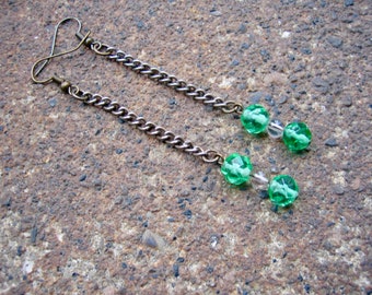 Eco-Friendly Dangle Earrings - Give the Green Light - Recycled Vintage Brass Chain, Bright Glass Crystals & Clear Glass Beads