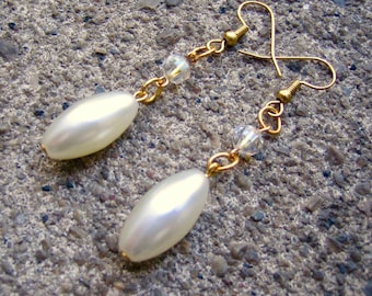 Eco-Friendly Dangle Earrings for Pierced Ears - Ethereal - Recycled Vintage Clear Facetted Glass Crystals and Oval Plastic Pearls in White