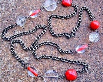 Recycled Dark Steel Chain Necklace - Red and Clear Vintage Beads - Fire and Ice
