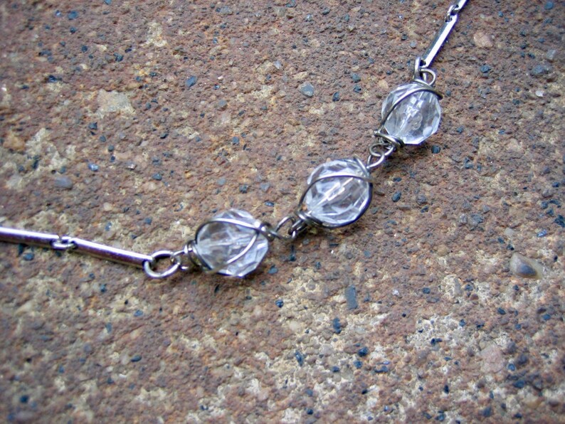 Eco-Friendly Statement Necklace Crystal Healing Recycled, Vintage, Silvertone Metal Bar Chain, Trio of Wire-Wrapped Clear Glass Crystals image 2