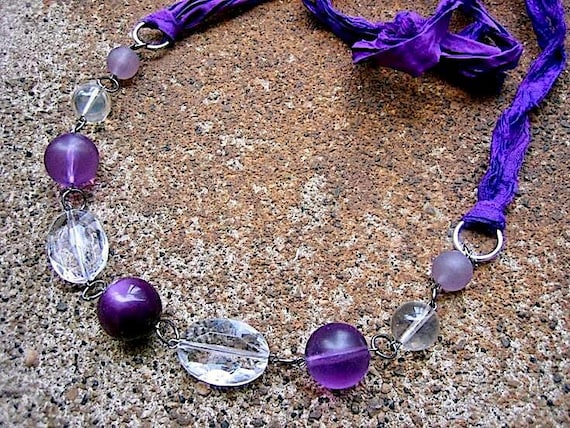Leap of Faith Sari Silk Necklace - Handmade Using Soft, Unfinished Ribbon and Vintage Purple and Clear Beads - Unique Statement