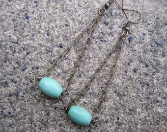 Eco-Friendly Dangle Earrings (Pierced) - Santa Fe Trail - Recycled Vintage Dark Brass Chain & Faux Stone Matte-Finish Oval Ceramic Beads
