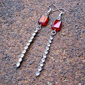 Eco-Friendly Dangle Earrings (Pierced Ears) - Puttin' On The Ritz - Recycled Vintage Ruby Red Glass Beads, Clear Prong-Set Rhinestone Strips