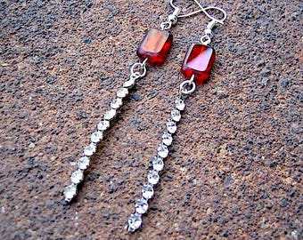 Eco-Friendly Dangle Earrings (Pierced Ears) - Puttin' On The Ritz - Recycled Vintage Ruby Red Glass Beads, Clear Prong-Set Rhinestone Strips