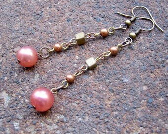 Eco-Friendly Dangle Earrings for Pierced Ears - Crescendo - Recycled Tiny Vintage Brass Cube Beads & Round Glass Pearls in Pale Dusky Melon