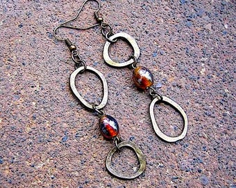 Bent Out of Shape Dangle Earrings - Recycled Distressed Brass Shapes & Iridescent Brown Glass Beads
