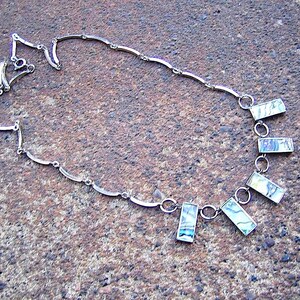 Esplanade Necklace - Recycled Vintage Silvertone Metal Curved Bar Chain, Clasp and Iridescent, Rectangular Inlaid Abalone Beads
