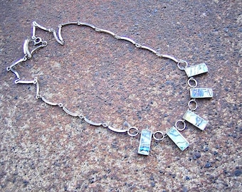 Esplanade Necklace - Recycled Vintage Silvertone Metal Curved Bar Chain, Clasp and Iridescent, Rectangular Inlaid Abalone Beads