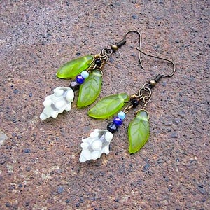 Garden of Delights Dangle Earrings - Recycled Vintage Glass Beads in Flower and Leaf Shapes - Unique, Eco-Friendly