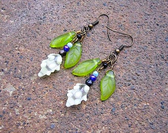 Recycled Vintage Glass Dangle Earrings, Floral & Leaf Beads - Garden of Delights