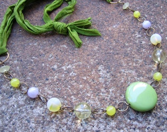 Eco-Friendly Silk Ribbon Statement Necklace - Garden Party - Ribbon from Recycled Saris, Vintage Beads in Grass Green, Pale Yellow & Lilac