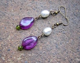 Eco-Friendly Dangle Earrings (Pierced Ears) - Panoply - Recycled Vintage Purple Flat Teardrop Beads, White Glass Pearls & Green Crystals