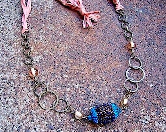 Recycled Sari Silk Ribbon Necklace - Boho Glass & Brass Beaded Statement - Bohemian Rhapsody