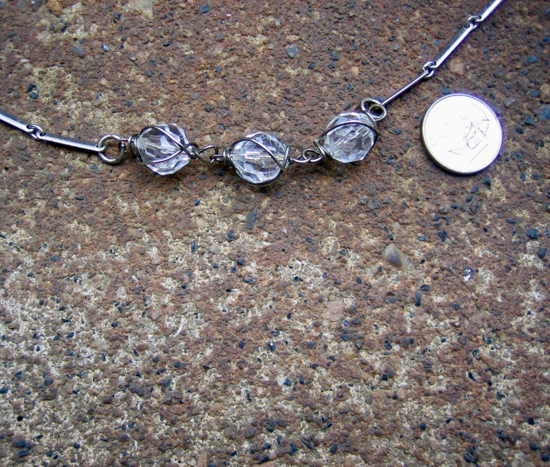 Eco-Friendly Statement Necklace Crystal Healing Recycled, Vintage, Silvertone Metal Bar Chain, Trio of Wire-Wrapped Clear Glass Crystals image 5