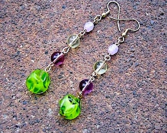 Recycled Vintage Bead Dangle Earrings – Green, Lilac, and Yellow - Flower Bomb