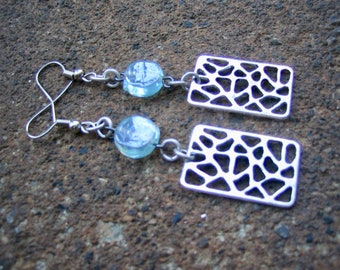 Eco-Friendly Dangle Earrings (Pierced) - Heaven's Gate - Recycled Vintage Silvertone Metal Cut-Out Rectangles & Sky Blue Glass Coin Beads