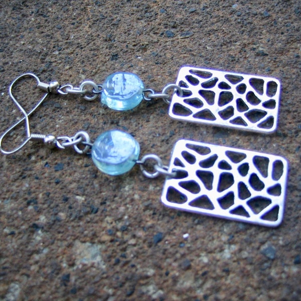 Eco-Friendly Dangle Earrings (Pierced) - Heaven's Gate - Recycled Vintage Silvertone Metal Cut-Out Rectangles & Sky Blue Glass Coin Beads