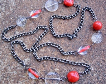 Eco-Friendly Unique Statement Necklace - Fire and Ice - Recycled Vintage Dark Steel Curb Chain and Beads in Bright Poppy Red and Clear