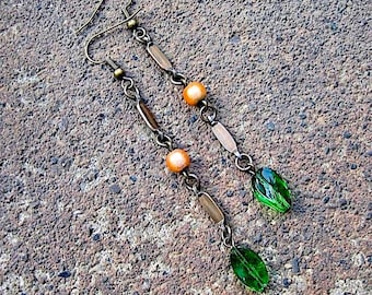 Vintage Brass Dangle Earrings – Recycled Glass Bead Earrings - Panache