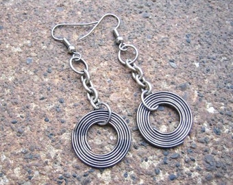 Eco-Friendly Dangle Earrings (Pierced Ears) - Give It a Whirl - Recycled Vintage Dark Silvertone Metal Chain & Unusual, Tightly Coiled Wire