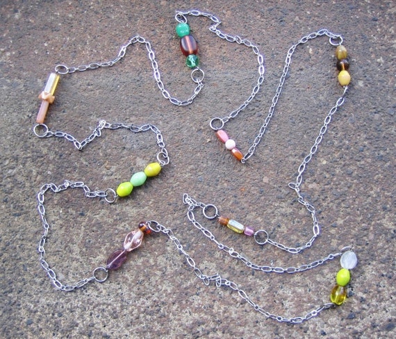 Recycled Silvertone Necklace - Long Chain with Vintage Glass Beads