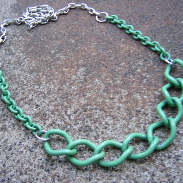 Eco-Friendly Statement Retro Necklace - Maximize Your Assets - Recycled Vintage Big, Bold Chunky Silvertone Metal & Mint Green Enamel Chain