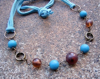 Recycled T-Shirt Yarn Necklace - Vintage Brass, Earth Brown & Sky Blue - Sanctuary