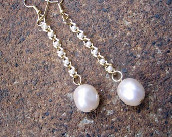 Eco-Friendly Dangle Earrings for Pierced Ears - Whirlwind in White - Recycled Vintage Goldtone Metal Beaded Chain and  Pinched Glass Pearls