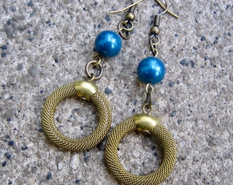 Eco-Friendly Unique Dangle Earrings for Pierced Ears - Soho Nights - Recycled Vintage Unusual Brass Mesh Hoop Beads, Deep Blue Glass Pearls