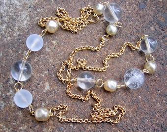 Eco-Friendly Unique Statement Necklace - The Lightness of Being - Recycled Elegant Vintage Chain, Clear Beads & Creamy White Glass Pearls