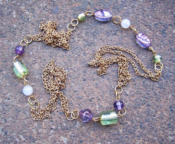 Recycled Vintage Glass Bead Necklace - Goldtone Chain, Purple Green White - Breathless