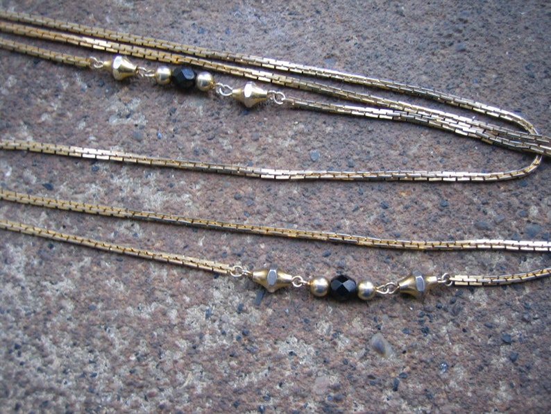 Eco-Friendly, Unique, Statement Necklace Black & Gold Recycled Vintage Enamel Chain, Three Strands of Slinky Metal Chain, Glass Beads image 4