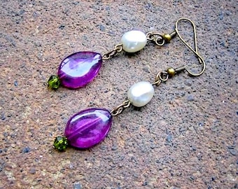 Recycled Vintage Teardrop Dangle Earrings – Purple Plastic, Pearls, Crystals