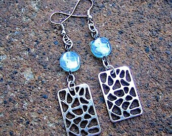 Recycled Silvertone Dangle Earrings – Vintage Sky Blue Glass Beads - Heaven's Gate