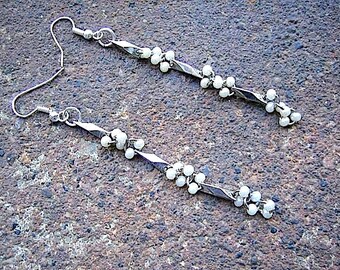 Eco-Friendly Dangle Earrings - Dripping With Elegance - Recycled Vintage Silvertone Bar Connectors & Clusters of Tiny White Plastic Pearls