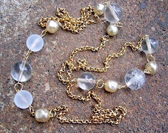 Recycled Vintage Chain Necklace – Creamy White Glass Pearls, Clear Beads - The Lightness of Being