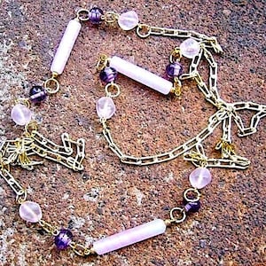 Aria Statement Necklace - Recycled Vintage Goldtone Metal Chain with Pale Pink & Purple Glass Beads