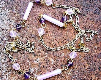 Aria Statement Necklace - Recycled Vintage Goldtone Metal Chain with Pale Pink & Purple Glass Beads