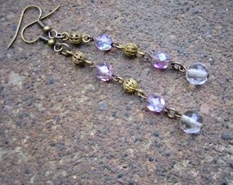 Eco-Friendly Dangle Earrings for Pierced Ears- Renaissance - Recycled Vintage Brass Scrollwork Beads with Pale Pink & Clear Glass Crystals