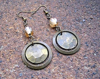 Brass and Glass Dangle Earrings, Hammered Disks, Wheat -Colored Glass Beads