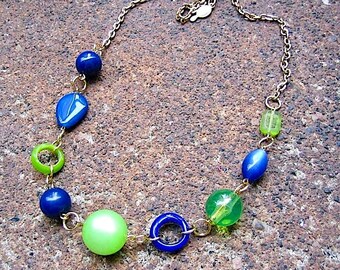 Recycled Vintage Beaded Necklace, Goldtone Chain, Blue & Green - Key West Memories