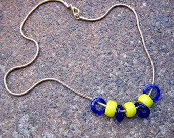 Eco-Friendly Slide Bead Statement Necklace - Come With Me Now - Recycled Vintage Snake Chain, Glass Beads in Bright Yellow and Cobalt Blue