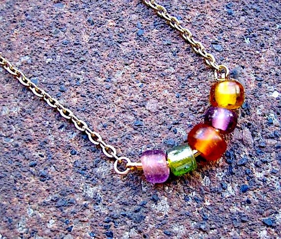 Vintage Pony Bead Necklace - Recycled Gold Chain, Curved Bar - Rendezvous