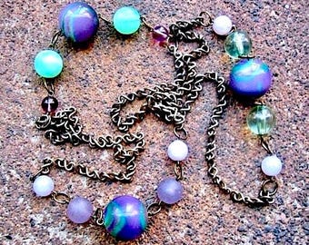 Recycled Brass Chain Necklace – Vintage Purple Green Plastic Beads - Approaching Wonderland