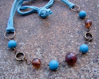 Eco-Friendly T Shirt Yarn Necklace - Sanctuary - Soft Yarn from Recycled T Shirts, Vintage Brass Hoops & Beads in Earth Brown and Sky Blue