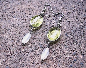 Eco-Friendly Dangle Earrings (pierced ears) - Here Comes the Sun - Recycled, Bezel-Set Yellow Plastic Crystals & Frosty White Glass Beads