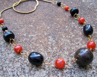 Eco-Friendly Statement Necklace - Air of Mystery - Recycled Vintage Elegant Herringbone Chain and Chunky Beads in Black and Paprika Spice
