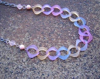 Eco-Friendly Unique Statement Necklace - Pastel Suite - Recycled Vintage Silvertone Metal Chain, Translucent Plastic Links & Pink Beads