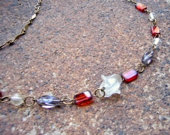 Eco-Friendly Statement Necklace - Splendor in the Glass - Recycled Vintage Chain with Hook Clasp and Beads in Ruby Red, Clear and Smoke Grey